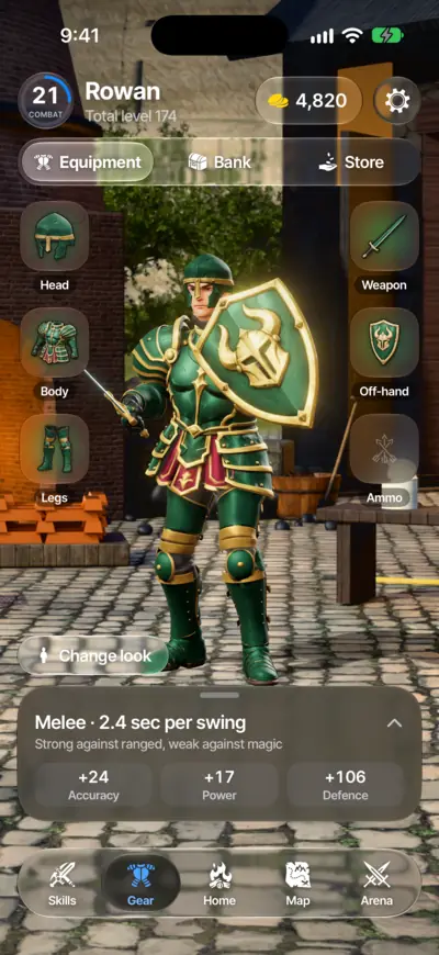 The Gear screen: your hero in full adamant plate with a gold-trimmed shield, and the stats it gives.