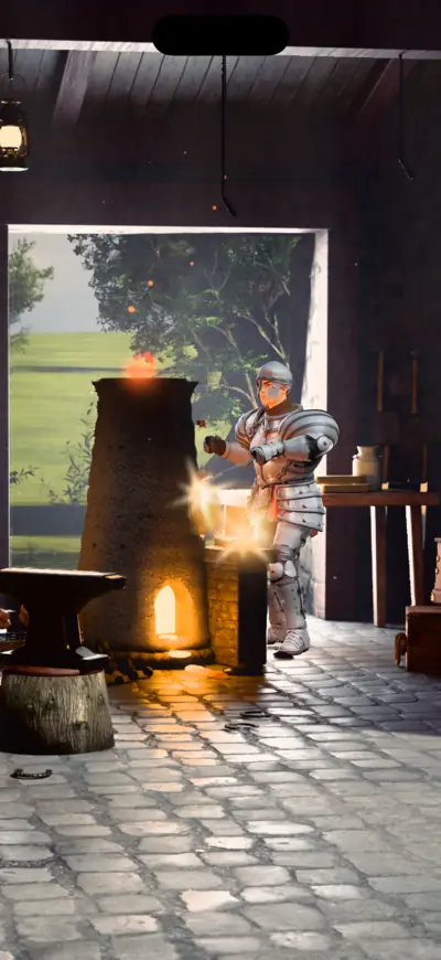 Your hero smelts ore into bars at a glowing smelter in a barn.